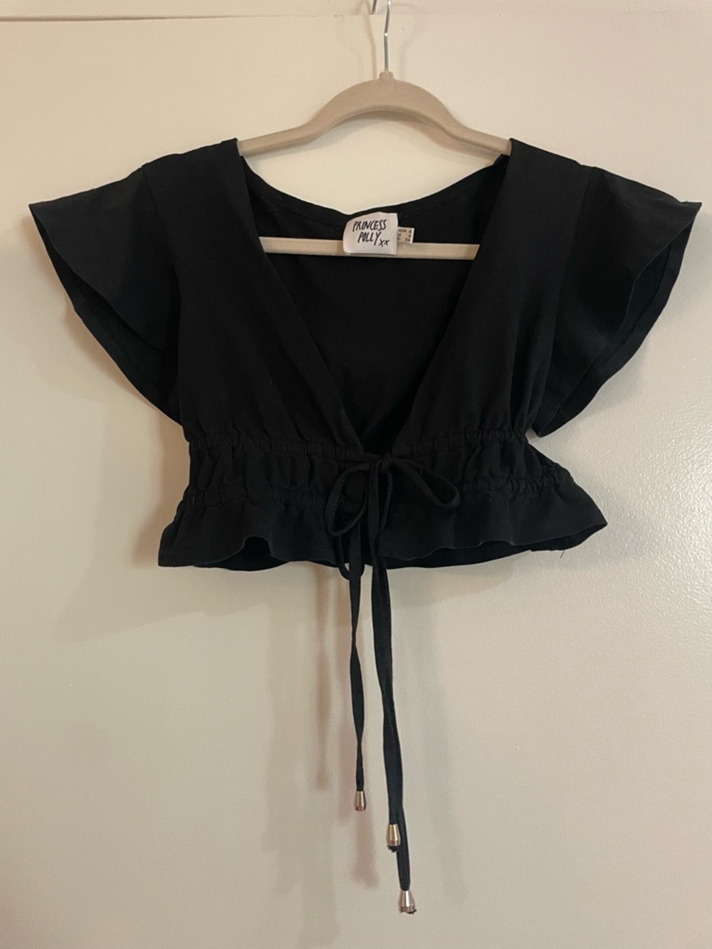 Princess Polly Black Double Tie-Front Cropped V-Neck Top in 100% Cotton